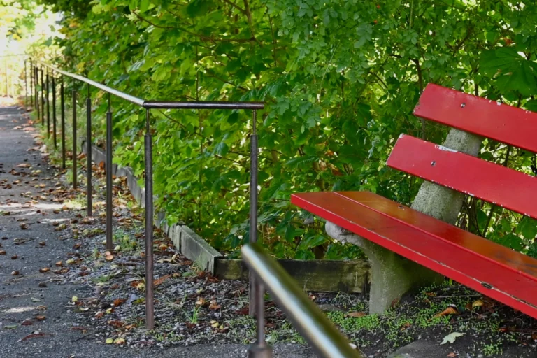 Ein rotes Bänkli an einem Spazierweg in Zuzwil